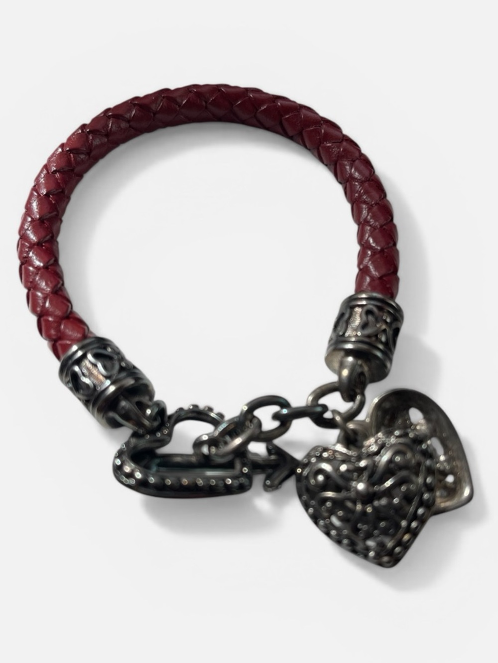 Premier Designs Red Braided Leather Heart Charm Bracelet 6.25”